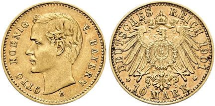 1871年后的德国。帝国金币。巴伐利亚。奥托二世，1886-1913年。10马克（3.95克）。19