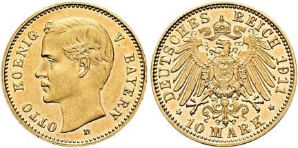 1871年后的德国。帝国金币。巴伐利亚。奥托二世，1886-1913年。10马克（3.97克）。19