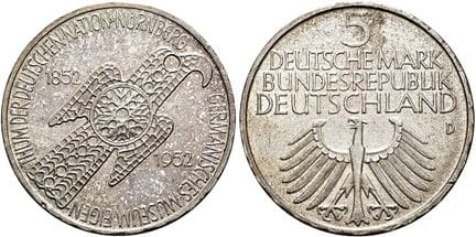 1871年以来的德国。联邦德国。2001年前流通的德国马克。5德国马克，直径29毫米（11.14克）