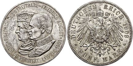 1871年后的德国。帝国银币。萨克森。弗里德里希·奥古斯特三世，1904-1918年。5马克，直径3