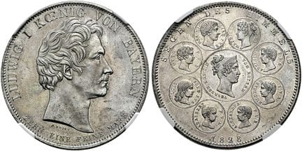 1871年前的德国硬币与纪念章。巴伐利亚。 路德维希一世，1825 - 1848年。协会塔勒，直径3