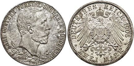 1871年后的德国。帝国银币。施瓦茨堡-ゾン德斯豪森。卡尔·冈特，1880-1909年。2马克，直径