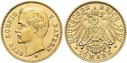 1871年后的德国。帝国金币。巴伐利亚。奥托二世，1886-1913年。10马克（3.98克）。19