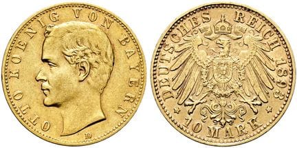 1871年后的德国。帝国金币。巴伐利亚。奥托二世，1886-1913年。10马克（3.93克）。18