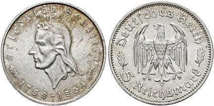 1871年起德国。第三帝国。5帝国马克，直径29毫米（13.90克）。1934年F版，斯图加特。纪念