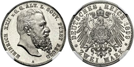 1871年后的德国。帝国银币。罗伊斯（老支系）。海因里希二十二世，1859-1902年。2马克，直径