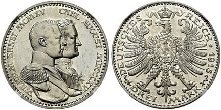 1871年以来的德国。帝国银币。萨克森-魏玛-艾森纳赫。威廉·恩斯特，1901-1918年。3马克，