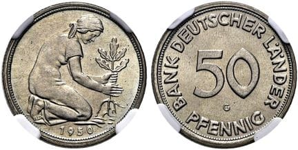 1871年起德国。德意志各邦银行。50芬尼，直径19毫米（3.50克）。1950 G，卡尔斯鲁厄。 