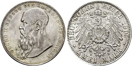1871年后的德国。帝国银币。萨克森-迈宁根。乔治二世，1866-1914年。2马克，直径28毫米（