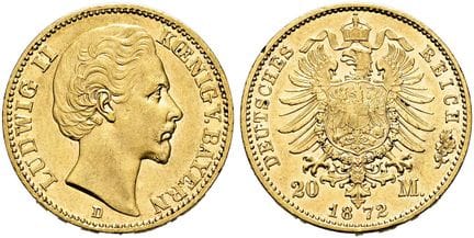 1871年后的德国。帝国金币。巴伐利亚。路德维希二世，1864-1886年。20马克，直径23毫米（