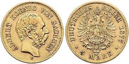1871年起德国。帝国金币。萨克森。阿尔伯特，1873-1902年。5马克，直径17毫米（1.98克