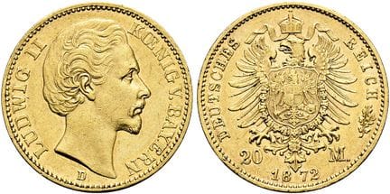 1871年起德国。帝国金币。巴伐利亚。路德维希二世，1864-1886年。20马克，直径22毫米（7