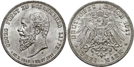 1871年后的德国。帝国银币。绍姆堡-利普。乔治，1893-1911年。3马克，直径33毫米（16.