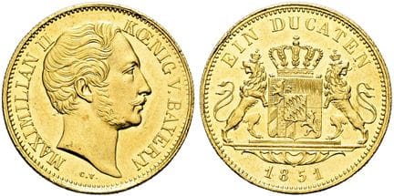 1871年之前的德国硬币与纪念章。巴伐利亚。马克西米利安二世，1848—1864年。杜卡特币，直径2