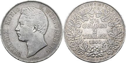 1871年之前的德国硬币与纪念章。符腾堡。 威廉一世，1816 - 1864。双塔勒（2个联合塔勒，