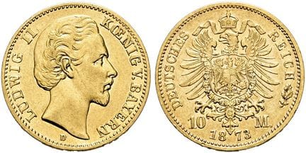 1871年后的德国。帝国金币。巴伐利亚。路德维希二世，1864-1886年。10马克，直径20毫米（