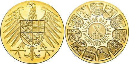 德国（1871年起）。联邦德国。 纪念章。金质纪念章（面值10杜卡特）（34.86克）。1957年，