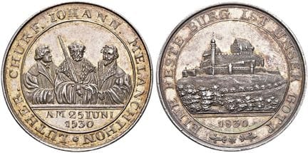 1871年之前的德国硬币与奖章。科堡市。 银质奖章（14.56克）。1830年，未署名。为纪念《奥格