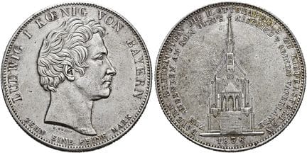 1871年之前的德国硬币与奖章。巴伐利亚。路德维希一世，1825—1848年。协定塔勒币，直径38毫