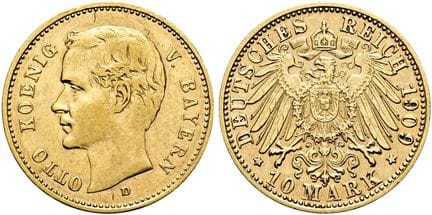 1871年后的德国。帝国金币。巴伐利亚。奥托二世，1886-1913年。10马克（3.94克）。19