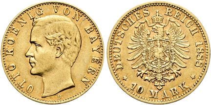 1871年起德国。帝国金币。巴伐利亚。奥托二世，1886-1913年。10马克（3.95克）。188