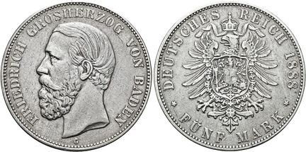 1871年后的德国。帝国银币。巴登。弗里德里希一世，1856-1907年。5马克，直径38毫米（27