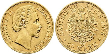 1871年后的德国。帝国金币。巴伐利亚。路德维希二世，1864-1886年。10马克（3.95克）。