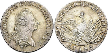 1871年之前的德国硬币与奖章。勃兰登堡／普鲁士。腓特烈二世，1740—1786年。帝国塔勒（普鲁士