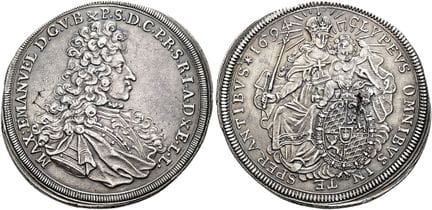 1871年之前的德国钱币与奖章。巴伐利亚。马克西米利安二世·埃马努埃尔，1679—1726年。帝国塔