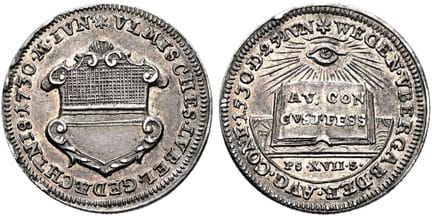 1871年之前的德国钱币与奖章。乌尔姆市。杜卡特银币复制品，直径21毫米（2.75克）。1730年，