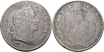 1871年前的德国钱币与奖章。普法尔茨——苏尔茨巴赫。卡尔·特奥多尔，1742—1799。协定塔勒，