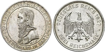 1871年后的德国。魏玛共和国。纪念币。3帝国马克，直径30毫米（14.87克）。 1927年F版，
