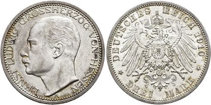 1871年后的德国。帝国银币。黑森。恩斯特·路德维希，1892-1918年。3马克，直径33毫米（1