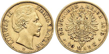 1871年起德国。帝国金币。巴伐利亚。路德维希二世，1864-1886年。20马克（7.92克）。1