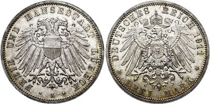 1871年后的德国。帝国银币。吕贝克。自由汉萨城市。3马克，直径33毫米（16.63克）。1911年