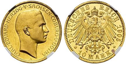 1871年后的德国。帝国金币。萨克森-科堡-哥达。卡尔·爱德华，1900-1918年。10马克，直径