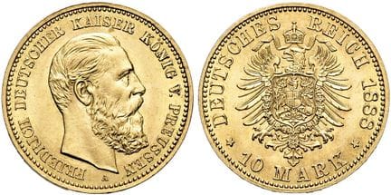 1871年后的德国。帝国金币。普鲁士。腓特烈三世，1888年。10马克，直径20毫米（3.98克）。
