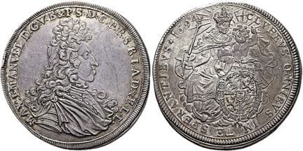 1871年之前的德国硬币与奖章。巴伐利亚。马克西米利安二世·伊曼努尔，1679—1726年。帝国塔勒