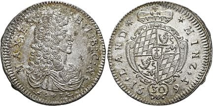 1871年之前的德国硬币与奖章。巴伐利亚。马克西米利安二世·埃马努埃尔，1679—1726。30克罗