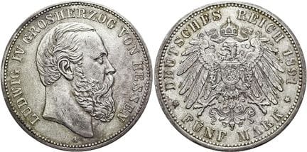 1871年后的德国。帝国银币。黑森。路德维希四世，1877-1892年。5马克，直径38毫米（27.