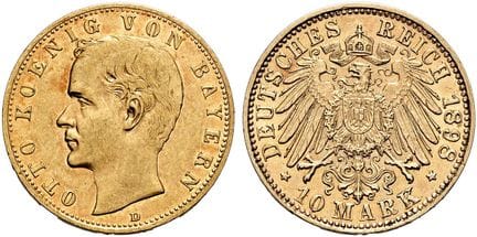 1871年起德国。帝国金币。巴伐利亚。奥托二世，1886-1913年。10马克，直径20毫米（3.9