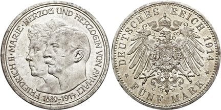 1871年后的德国。帝国银币。安哈尔特。腓特烈二世，1904-1918年。5马克，直径38毫米（27
