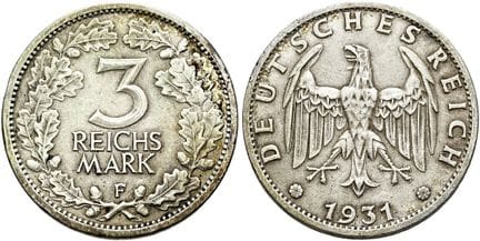 1871年起德国。魏玛共和国。流通硬币。3帝国马克，直径30毫米（14.97克）。 1931年F版，