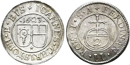 1871年之前的德国硬币与奖章。艾希施泰特教区。约翰·克里斯托夫·冯·韦斯特施泰滕，1612年至16