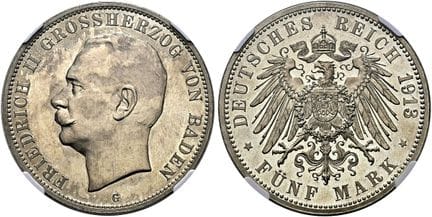 1871年后的德国。帝国银币。巴登。腓特烈二世，1907-1918年。5马克，直径38毫米（27.7