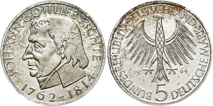1871年后的德国。联邦德国（BRD）。马克货币（使用至2001年）。5德国马克，直径29毫米（11