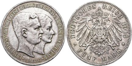 1871年后的德国。帝国银币。布伦瑞克。恩斯特·奥古斯特，1913-1918年。5马克，直径38毫米