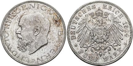 1871年后的德国。帝国银币。巴伐利亚。路德维希三世，1913-1918年。5马克，直径38毫米（2