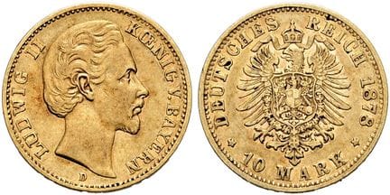 1871年起德国。帝国金币。巴伐利亚。路德维希二世，1864-1886年。10马克，直径20毫米（3