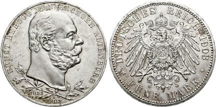1871年后的德国。帝国银币。萨克森-阿尔滕堡。恩斯特，1853-1908。5马克，直径38毫米（2